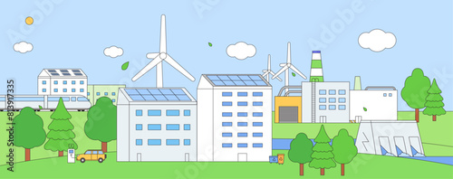 ESG, green energy, sustainable industry or ecological production integration concept banner. Environmental, Social, Corporate Governance vector illustration. Horizontal eco city scene background.