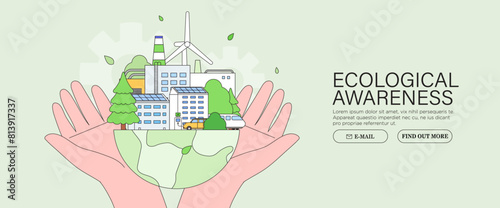 ESG, green energy, sustainable industry or ecological production integration concept banner. Environmental, Social, Corporate Governance vector illustration. Hands hold eco city scene background.