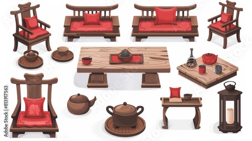 An isolated white background shows a Chinese living room interior with a wooden table, a chair, a tray with tea pot, and red cushions. Modern cartoon furniture set from a Chinese house in a cartoon