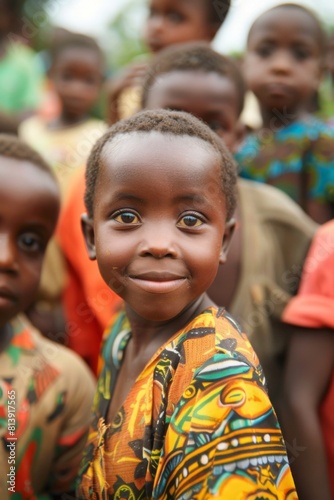 Vibrant portrait of a joyful African boy smiling broadly among his peers, wearing a colorful traditional outfit, reflecting happiness and community spirit, international childrens day