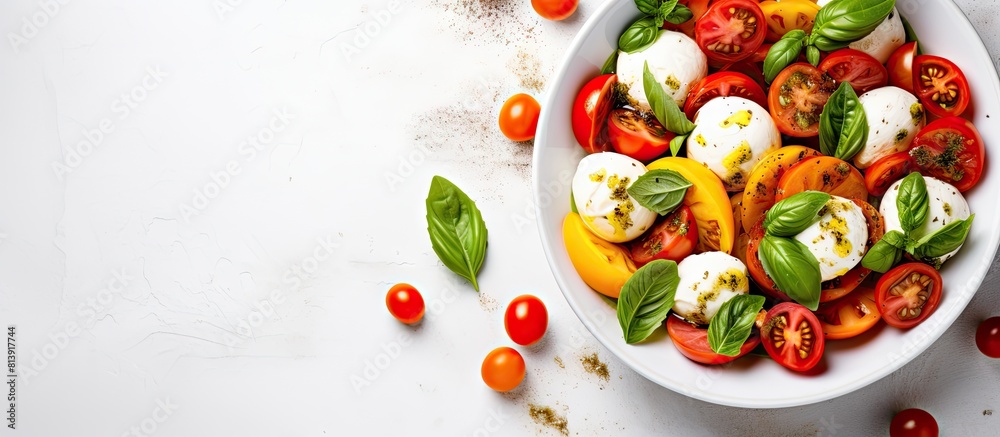 A fresh and colorful caprese salad from Italy is artfully arranged in a white bowl on a white concrete surface It features creamy mozzarella fragrant basil and vibrant tomatoes in red green and orang A fresh and colorful caprese salad from Italy is artfully arranged in a white bowl on a white concrete surface It features creamy mozzarella fragrant basil and vibrant tomatoes in red green and orang