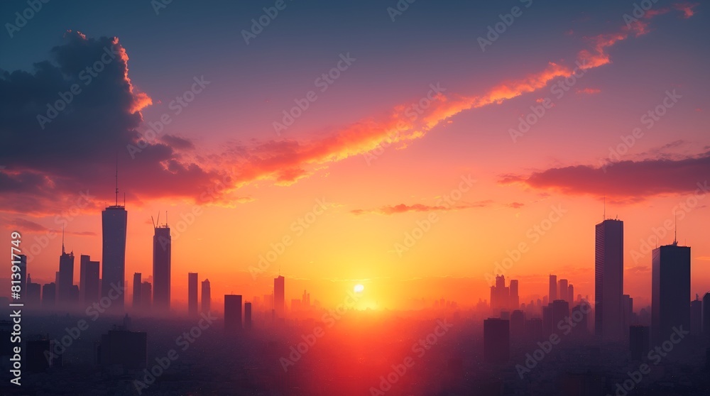 都市に朝日が昇る朝焼け空 都市に朝日が昇る朝焼け空