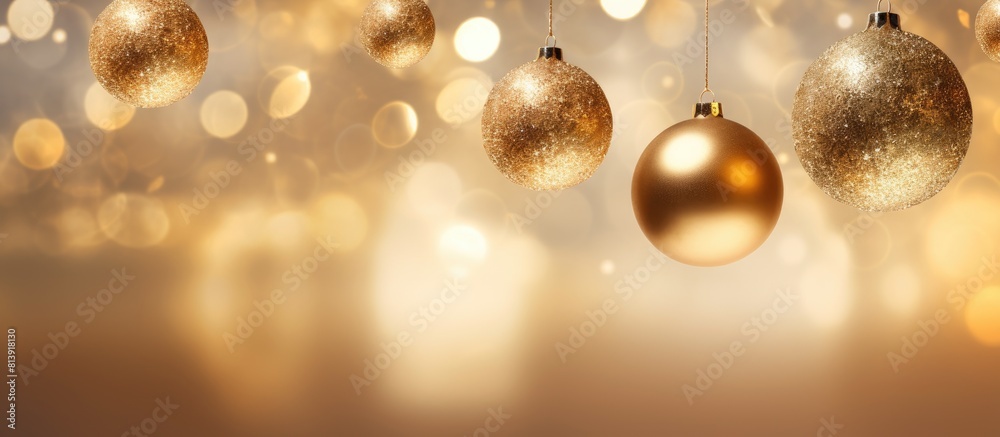 Fototapeta premium A golden bokeh background with copy space is adorned with hanging golden Christmas ball decorations