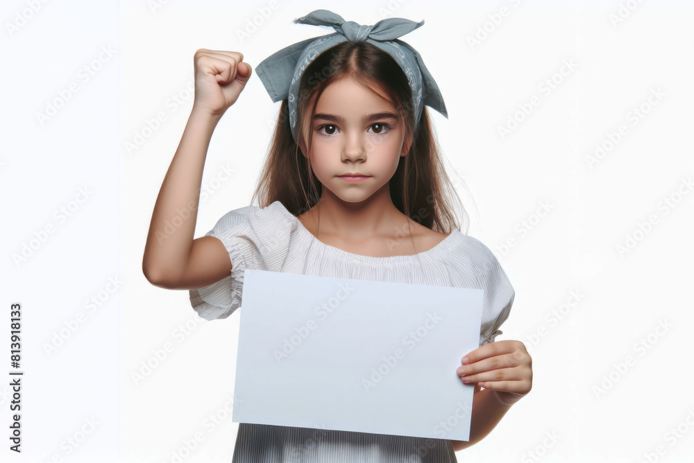 Girl protester holding white sheet isolated on white background Girl protester holding white sheet isolated on white background