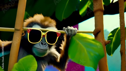 Portrait of a monkey in sunglasses on a tree branch photo