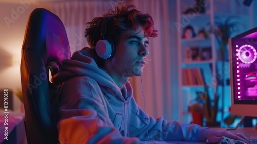 Video Game Streamer is Playing Online Video Game on His Personal Computer. Colorful Warm Neon LED Lights Illuminate Room. Male wears Earphones with a Microphone. At Home on a Cozy Evening.