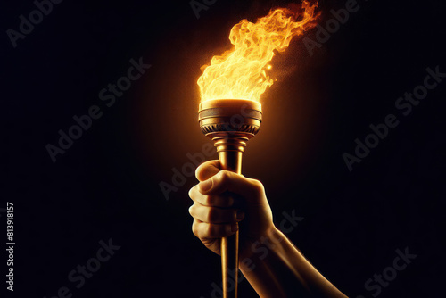 Glorious hand holds flaming torch isolated black background photo