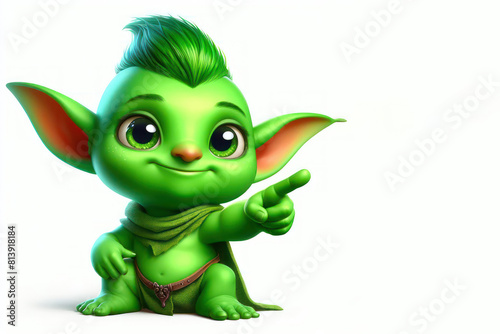 green cute goblin point on isolated on a white background