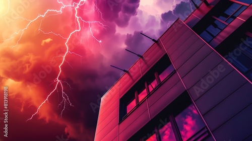 Lightning protection side view of a building equipped with lightning rods demonstrating safety measures against storms cybernetic  photo