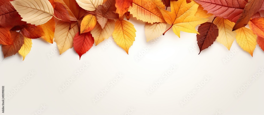 Colorful autumn leaves arranged in a frame on a background offering ample copy space for an image