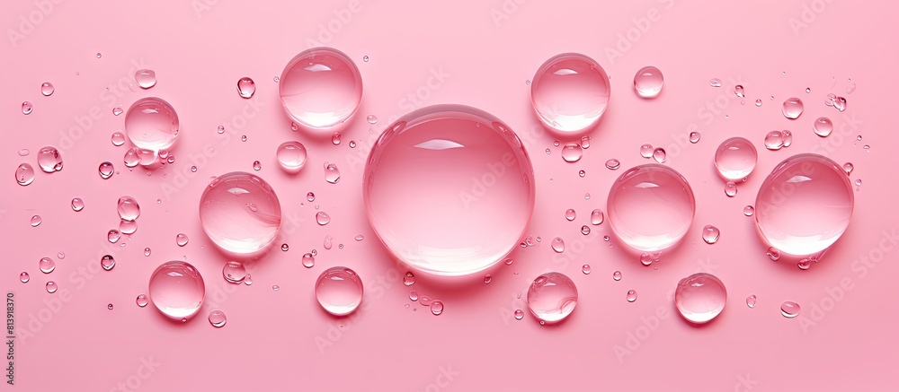 Top view of water droplets arranged in a circular shape on a pink background creating a visually appealing copy space image