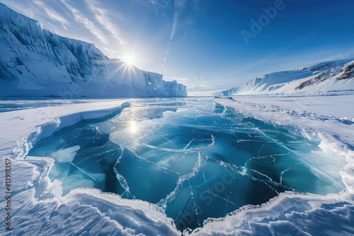 Sunny day on frozen lake, ideal for winter themes photo