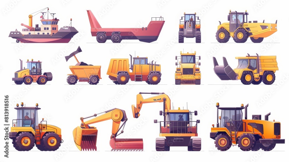 In this modern illustration set, there is a tractor with harrow for farm work, an airplane, a cargo vessel, and heavy machinery for transport. An excavator, a tractor with a harrow, an airplane, and In this modern illustration set, there is a tractor with harrow for farm work, an airplane, a cargo vessel, and heavy machinery for transport. An excavator, a tractor with a harrow, an airplane, and