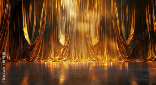 Elegant gold stage curtains with ambient lighting. A luxurious display of golden curtains on a stage, featuring ambient backlighting and reflective floor