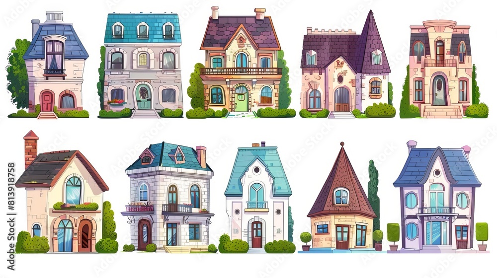 Houses in the city, old offices and stores isolated on white background. Modern cartoon set of urban residential houses, town real estate facades. Houses in the city, old offices and stores isolated on white background. Modern cartoon set of urban residential houses, town real estate facades.