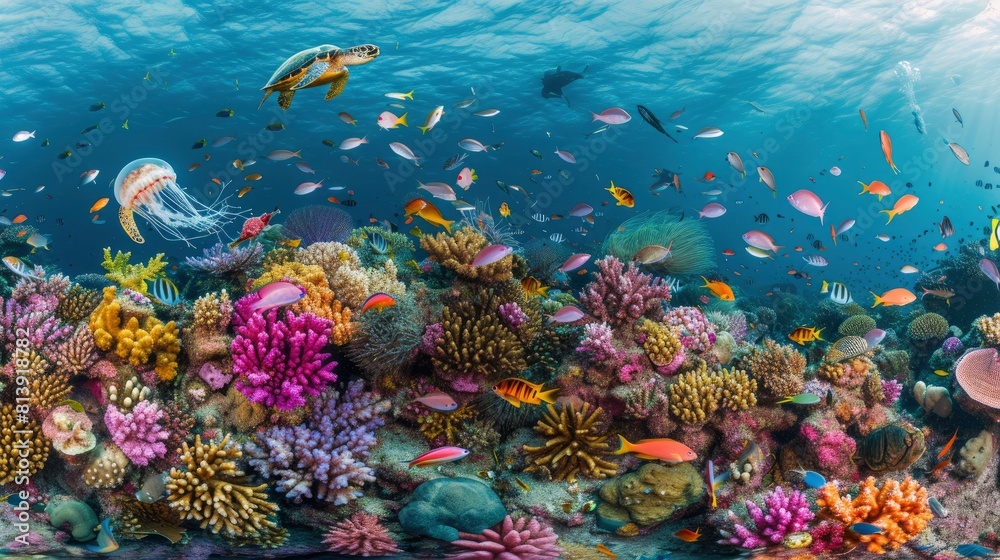 A mesmerizing background image capturing the vibrant colors of the ocean currents and a variety of fish species, Wide-angle shots, generative ai A mesmerizing background image capturing the vibrant colors of the ocean currents and a variety of fish species, Wide-angle shots, generative ai