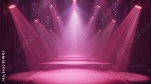 Lights reflecting from the stage, glowing stage lights, white beams for the red carpet awards or gala concerts. Illustration of a runway with rays of light and smoke for a presentation. Realistic 3D photo