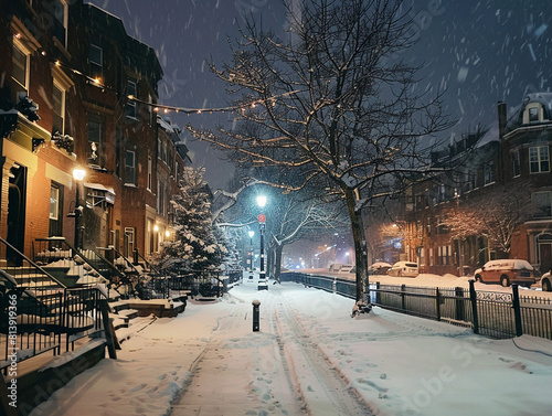 Quiet city street blanketed in snow, illuminated by street lights and twinkling buildings at night.