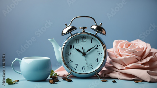 A blue teapot-shaped alarm clock is sitting on a blue table next to a pink rose and a blue teacup.