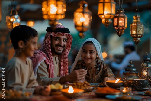Happy Muslim family in the glow of beautiful antique lamps and burning candles at a rich table during the celebration of Ramadan Iftar.