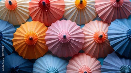 A row of colorful umbrellas with pink and blue ones in the middle