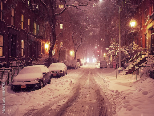 Beautiful snow-covered city street illuminated by street lamps at night in a vintage, raw style. © Szalai