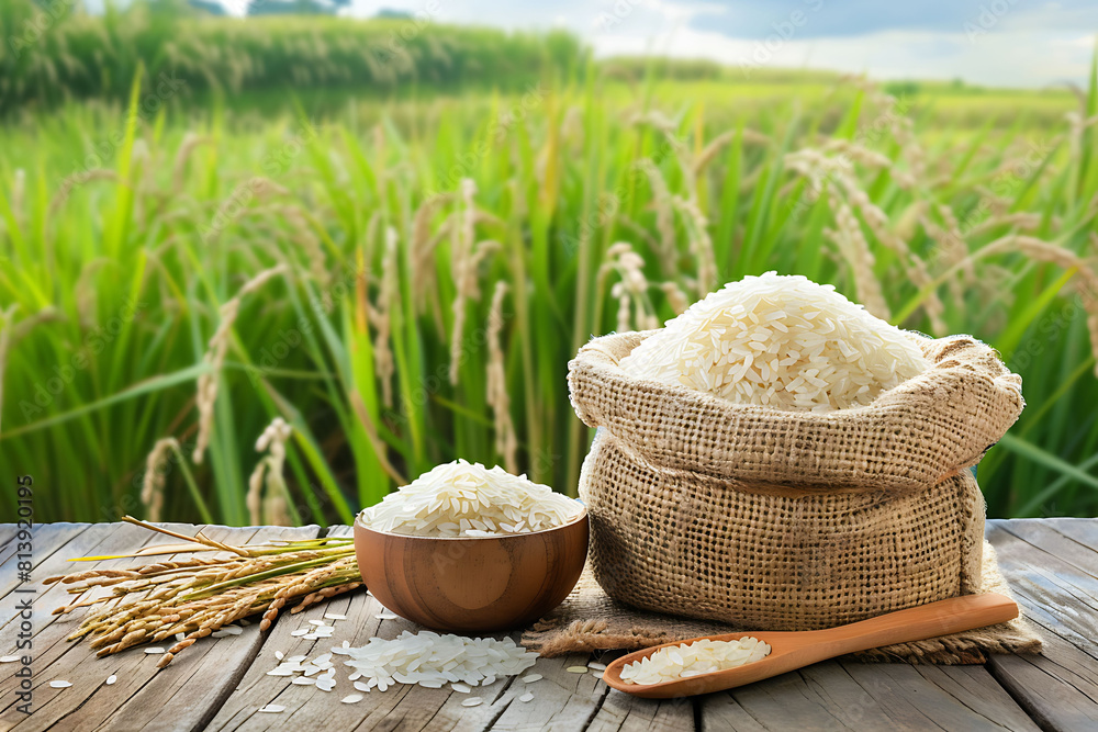 Rice in burlap bag and wooden bowl on wood table with green rice field background, blue sky.