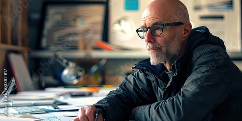 male architect bald and with glasses working in his office