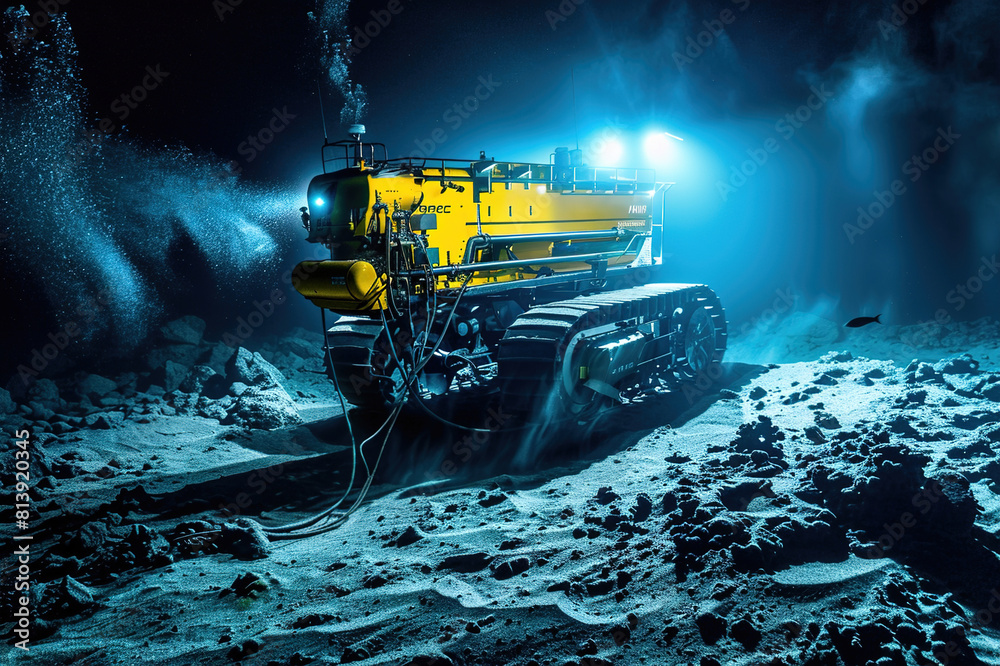 Underwater exploration vessel surveys ocean floor for rare minerals amidst deep-sea. Underwater exploration vessel surveys ocean floor for rare minerals amidst deep-sea.