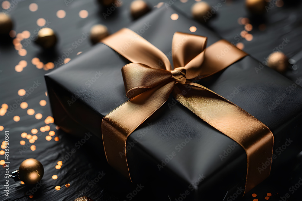 A luxurious gift box wrapped in black paper with a gold ribbon, perfect for special occasions and celebrations. A luxurious gift box wrapped in black paper with a gold ribbon, perfect for special occasions and celebrations.