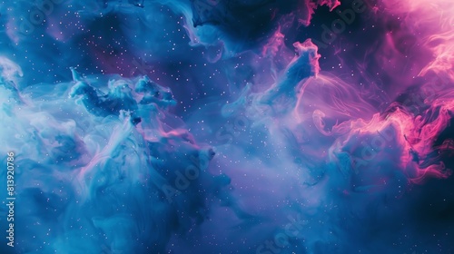 Abstract cosmic landscape with galaxies and nebulae in shades of blue and pink
