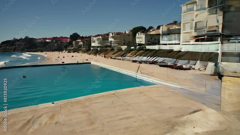 Oceanfront Swimming Pool on Sunny Beach with Coastal Town View Oceanfront Swimming Pool on Sunny Beach with Coastal Town View