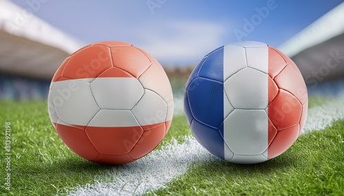 two football balls displaying the colors of Austria and France flags  symbolizing a friendly match between nations