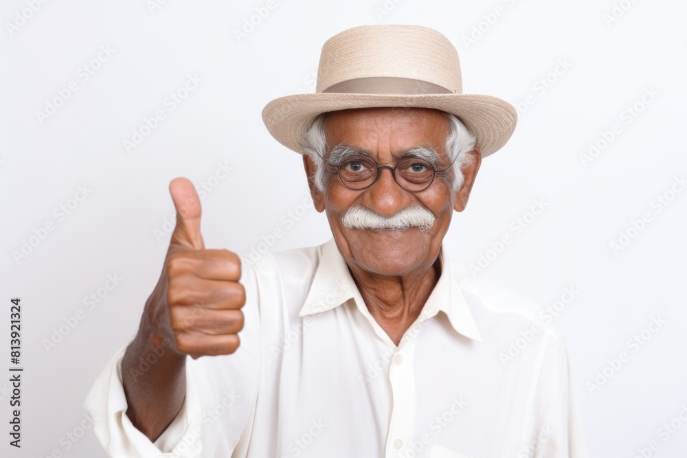 Portrait of a jovial indian man in his 80s showing a thumb up while standing against white background Portrait of a jovial indian man in his 80s showing a thumb up while standing against white background
