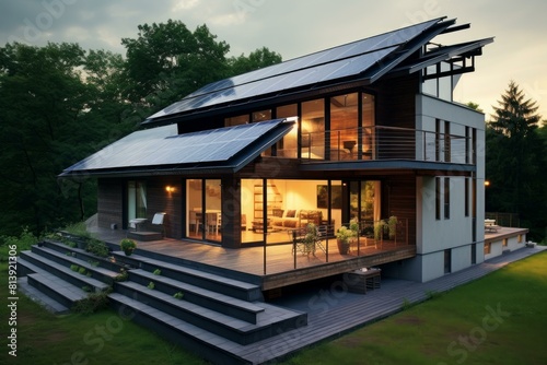 Sustainable wooden house featuring solar panels, illuminated at twilight