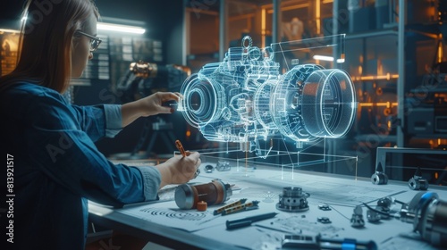 An engineer with heavy industry experience draws the concept blueprint of an engine, making use of computers. He works at an engineering bureau and industrial design agency that contains robots, photo