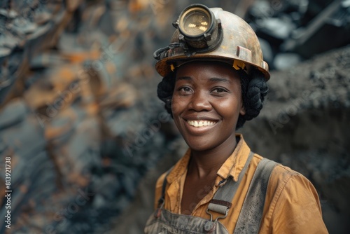 A woman wearing a hard hat and overalls, suitable for construction or industrial concepts photo