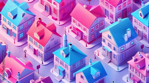 Investment banner. Property investment strategy. Isometric houses, money, and keys on a modern landing page. © Mark