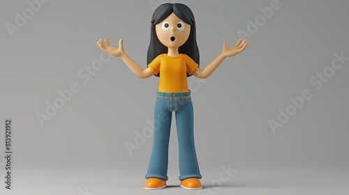 A 3D character of a woman black hair, garbed in a yellow t-shirt and blue denim jeans, excitement with wide-open eyes and raised hands, against a solid gray background