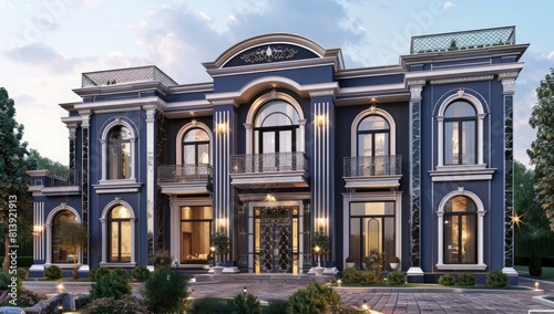 A classic and elegant twostory villa with dark blue exterior walls, white decorative lines on the windows, marble door frames, and an entrance halli?OE architectural rendering, high quality photo