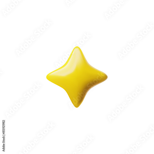 Yellow four pointed star realistic vector 3d design, achievement glossy badge, win award, golden rating star volume icon