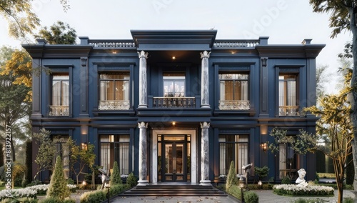 A classic and elegant twostory villa with dark blue exterior walls, white decorative lines on the windows, marble door frames, and an entrance halli?OE architectural rendering, high quality photo