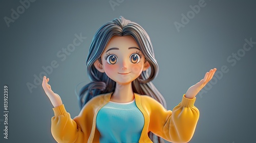 A 3D character of a woman boasting long brown hair, attired in a sweater, presenting a product with an inviting open-handed gesture, against a solid gray background.