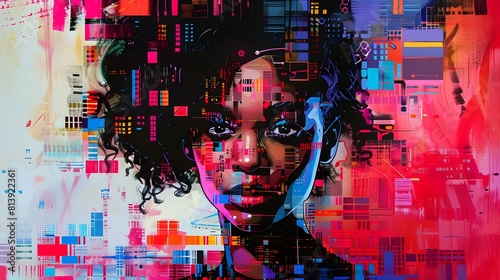 Vibrant Mixed Media Portrait of an Empowered African American Computer Programmer in a Dynamic Futuristic Urban Setting