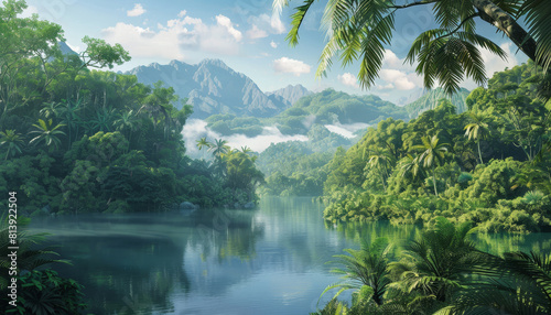 A lush green forest with a river running through it by AI generated image