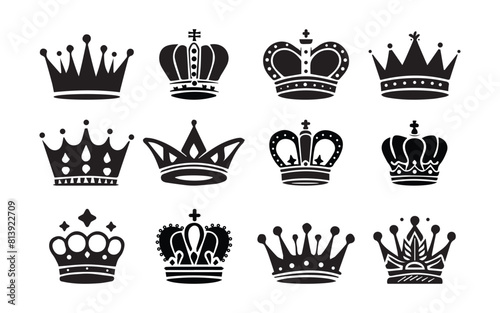A collection of black crowns silhouette on a white background.Crown icons set., Crown symbol collection with Vector illustration