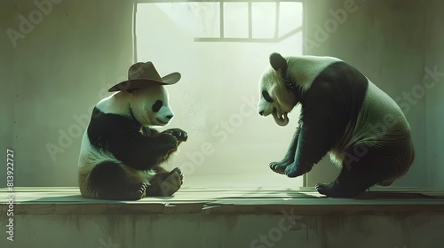 Minimalist Surrealism Panda Doctor Consults with Cowboy HatWearing Elephant Patient Generative ai photo