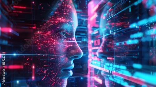 Computer screen activates and shows futuristic artificial intelligence spread across the Internet. Visualization of Machine Learning, Artificial Intelligence and Computer Technology merging with