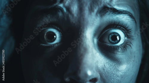 Close up of eyes, scared woman in the dark with blue light,  fear, terror, suspense, thriller, horror, emotion