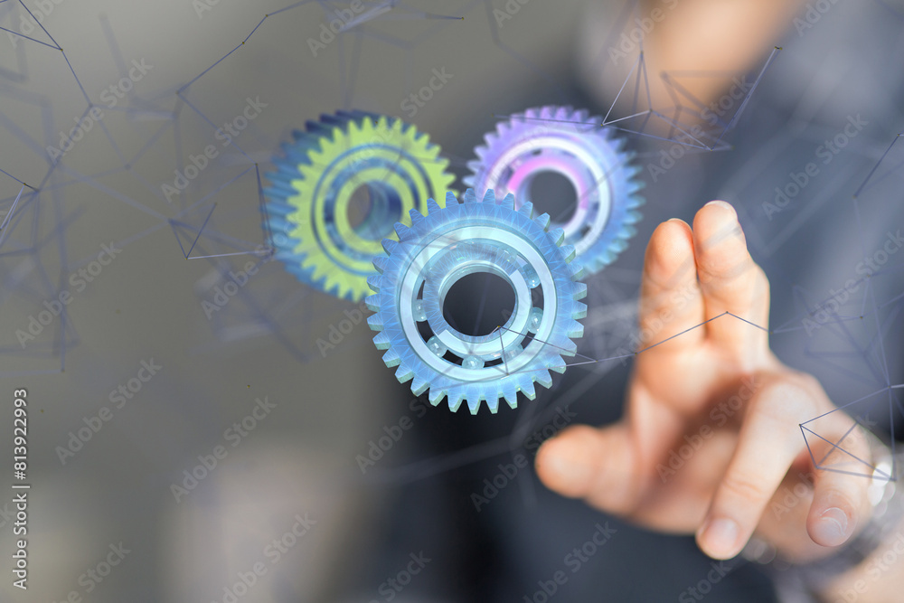 gear system data. Connecting lines and dots.Big data visualization  - neural network exposure digital